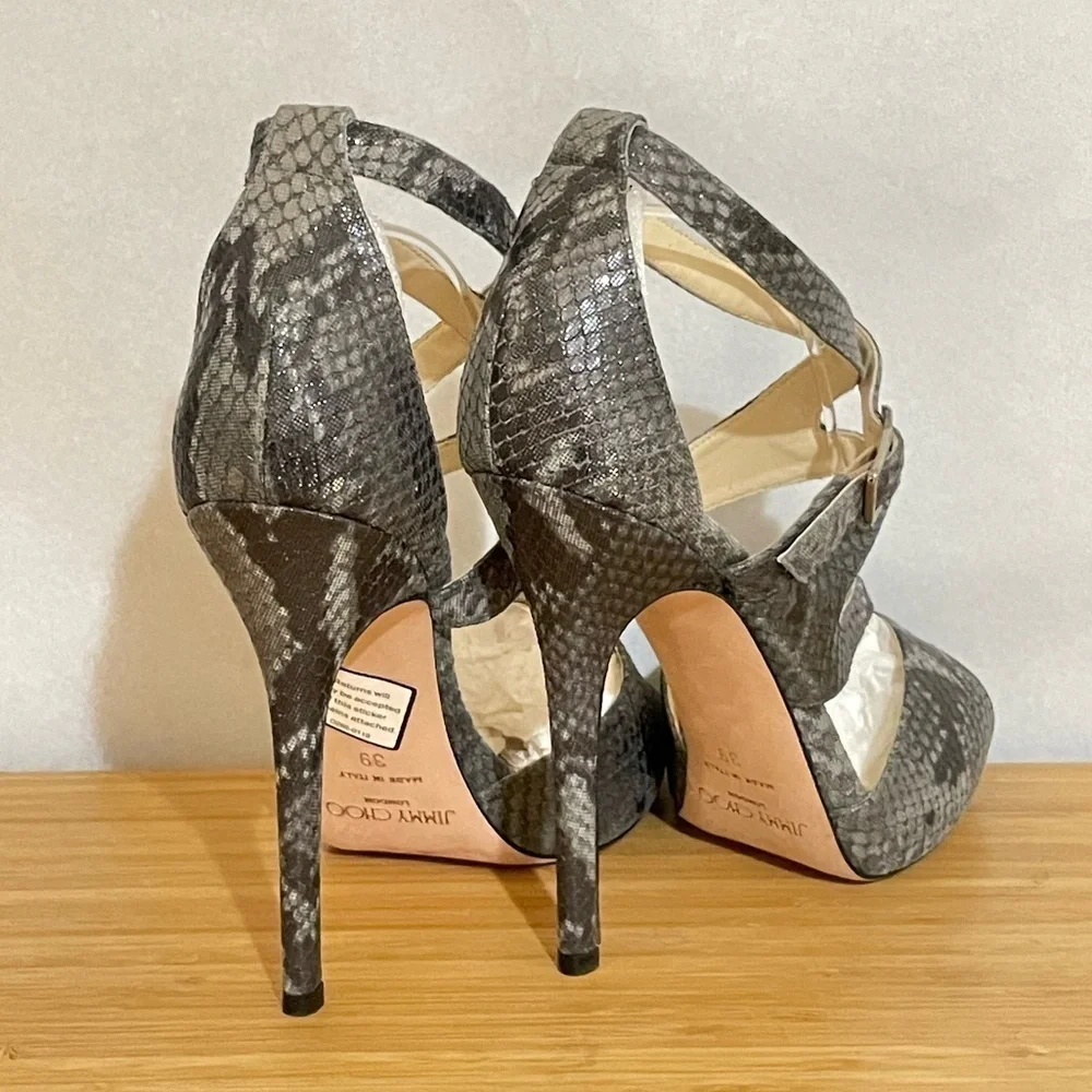 Jimmy Choo glitter animal print wrap around strappy ankle pump 38.5 120mm